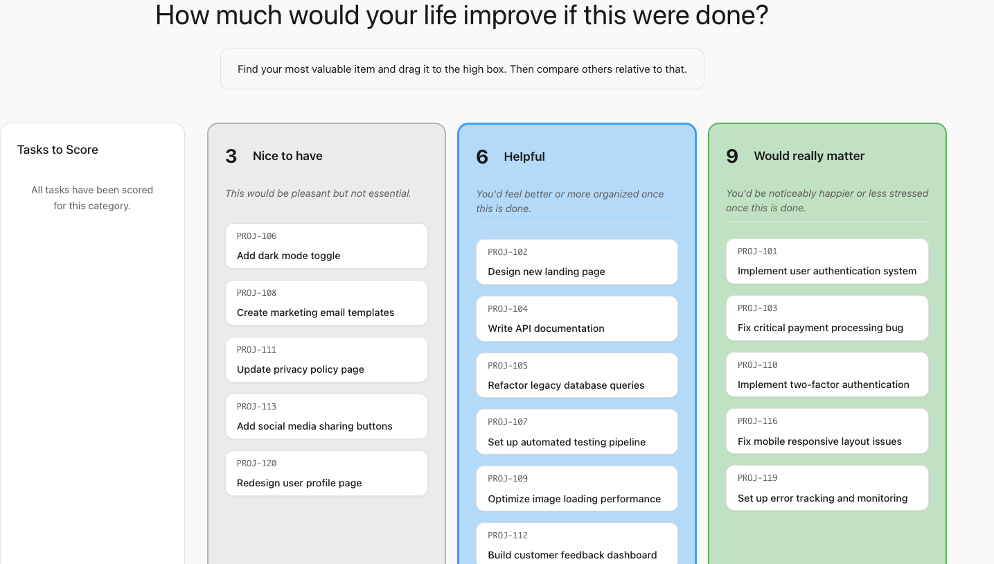 VOTE interface showing how users align activities by dragging tasks into scoring boxes