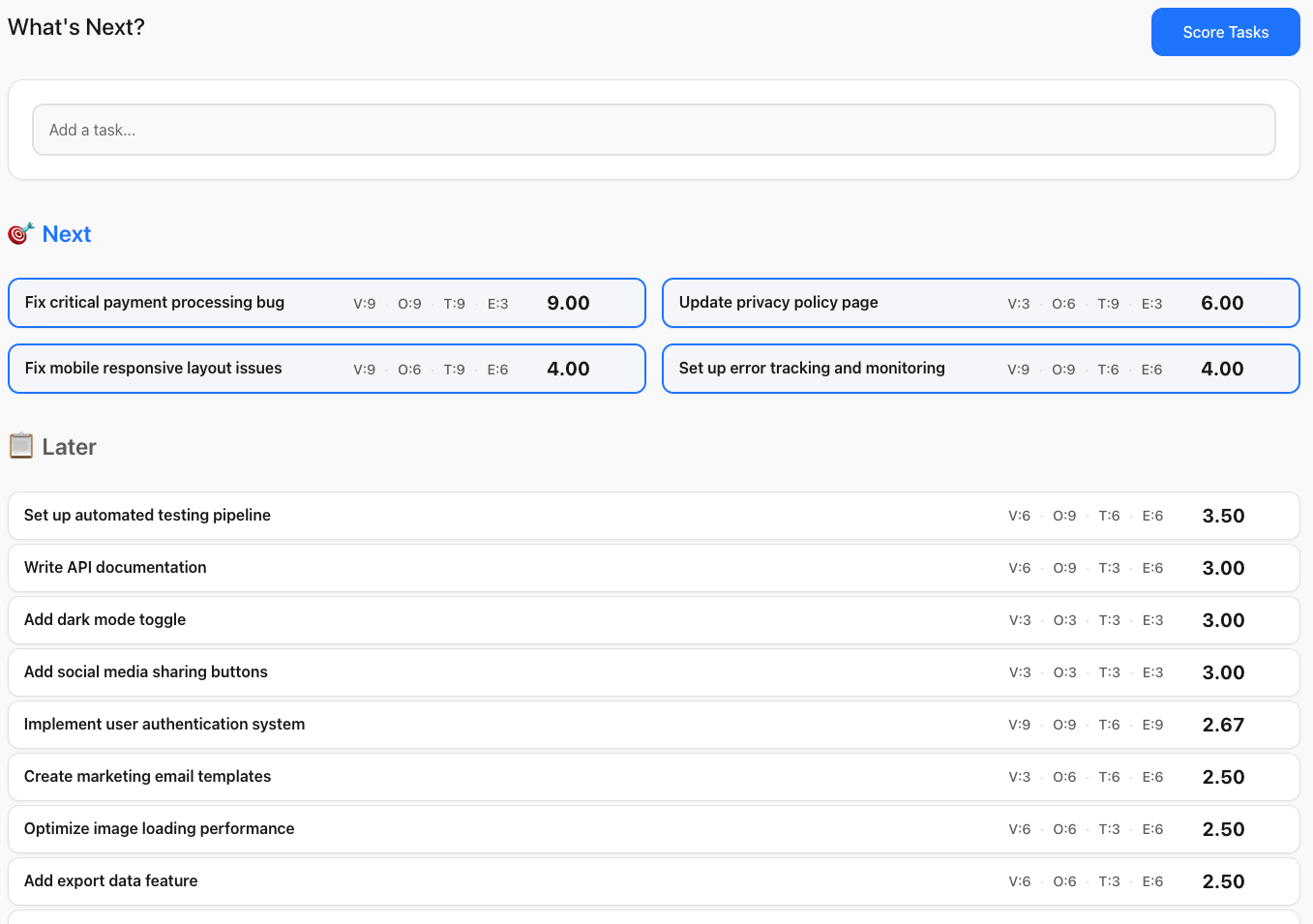 VOTE results showing prioritized tasks with scores, demonstrating what's valuable